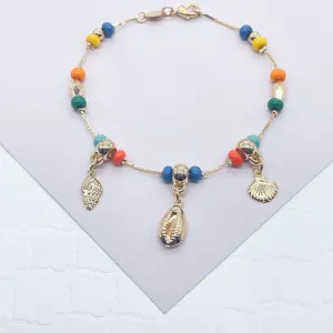 18k Gold Filled Colorful Bead Bracelet Featuring Ocean Cowrie Shell Charms, Sea Shell, Protection Jewelry, Marine Inspired  Jewelry