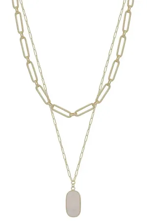 2 Layered Metal Chain Stone Pendant Necklace
