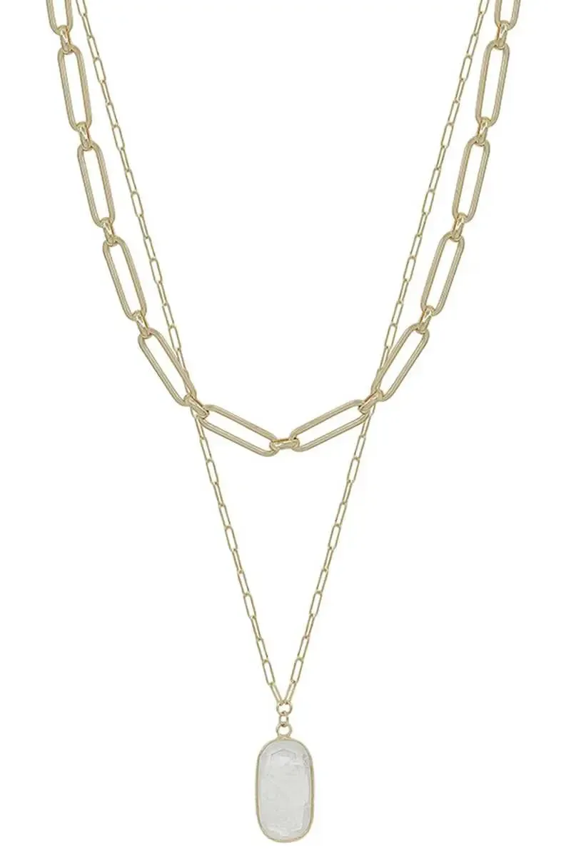 2 Layered Metal Chain Stone Pendant Necklace