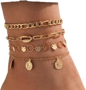 4pcs Coin Heart Shell Ankle Bracelets Boho Gold Anklet Layered Circle Link Chain Anklets for Women Girls Foot Accessories