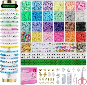 6100 Polymer Clay Beads for Bracelets Making Aesthetic Kit 24 Colors Flat Heishi Beads for Jewelry Making DIY Set with Letter Beads, Smile Face Beads and Charms for Cretive Gift