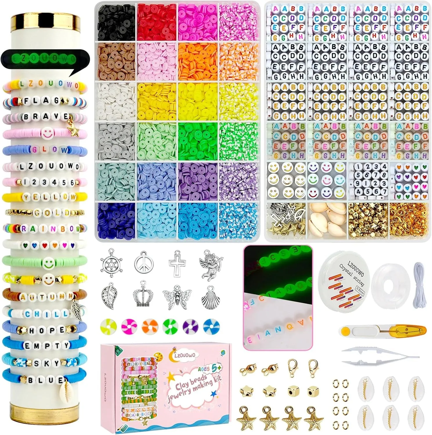 6100 Polymer Clay Beads for Bracelets Making Aesthetic Kit 24 Colors Flat Heishi Beads for Jewelry Making DIY Set with Letter Beads, Smile Face Beads and Charms for Cretive Gift