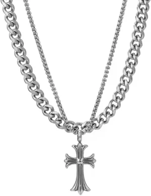 Chrome, Y2k, Necklace 304 Men's Silver Opium Stainless Steel Cross Layered Cuban Link Chain Necklace