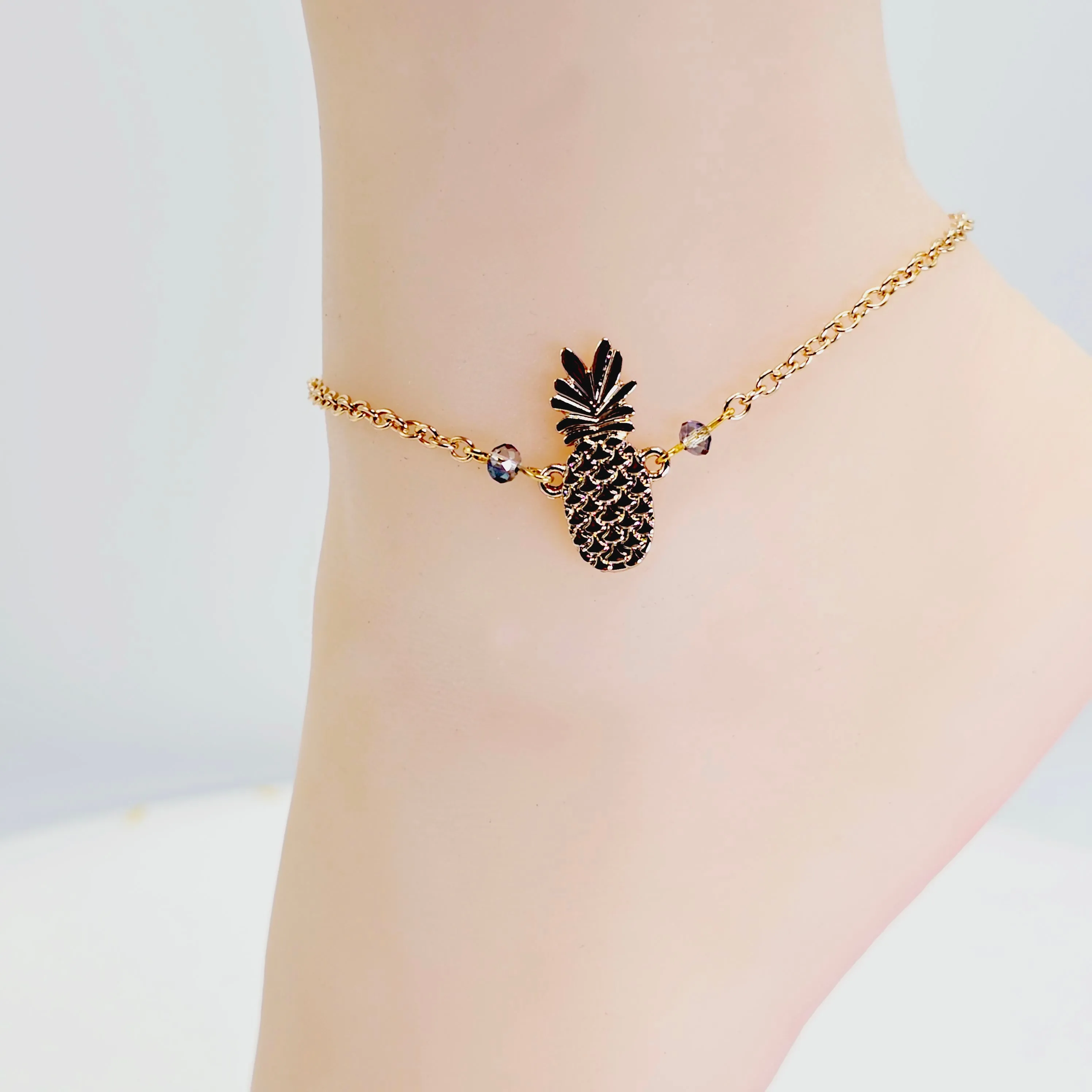 Gold Pineapple Anklet With Glass Bead Accents. Ankle Bracelet. Alternative Lifestyle Jewelry