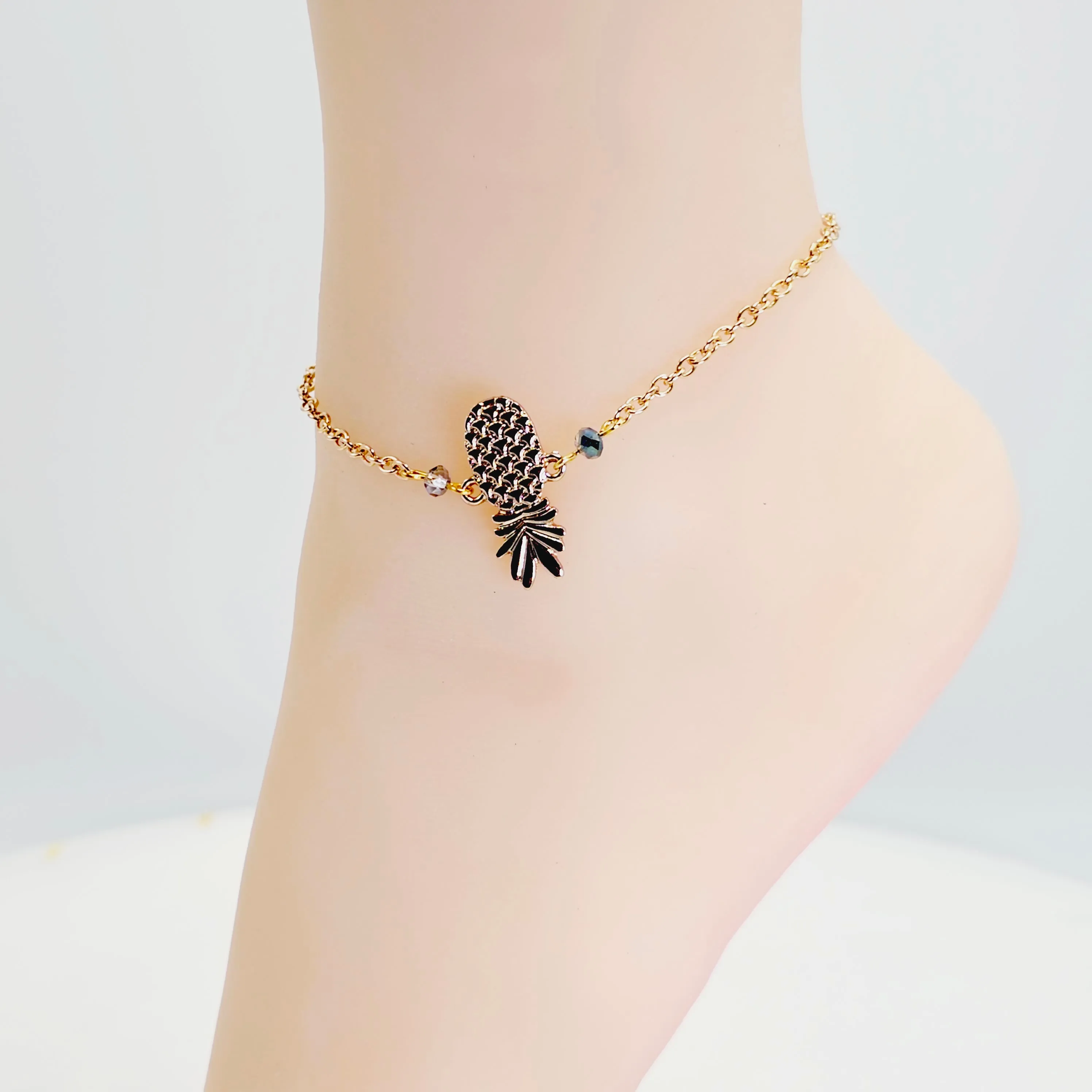 Gold Pineapple Anklet With Glass Bead Accents. Ankle Bracelet. Alternative Lifestyle Jewelry