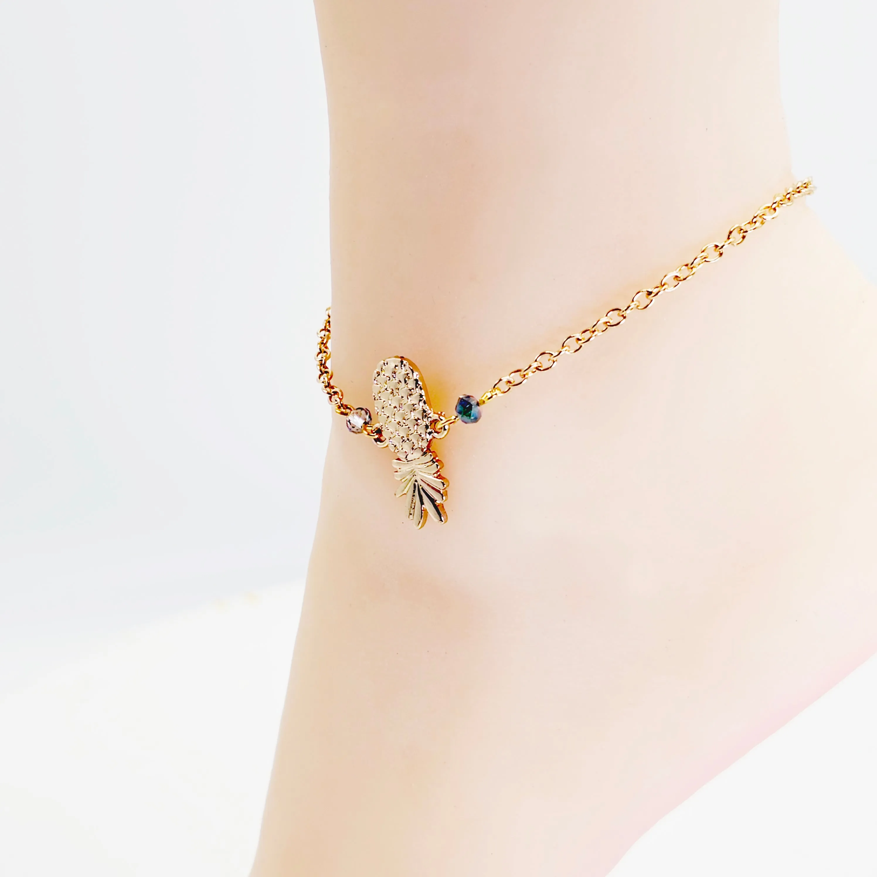 Gold Pineapple Anklet With Glass Bead Accents. Ankle Bracelet. Alternative Lifestyle Jewelry