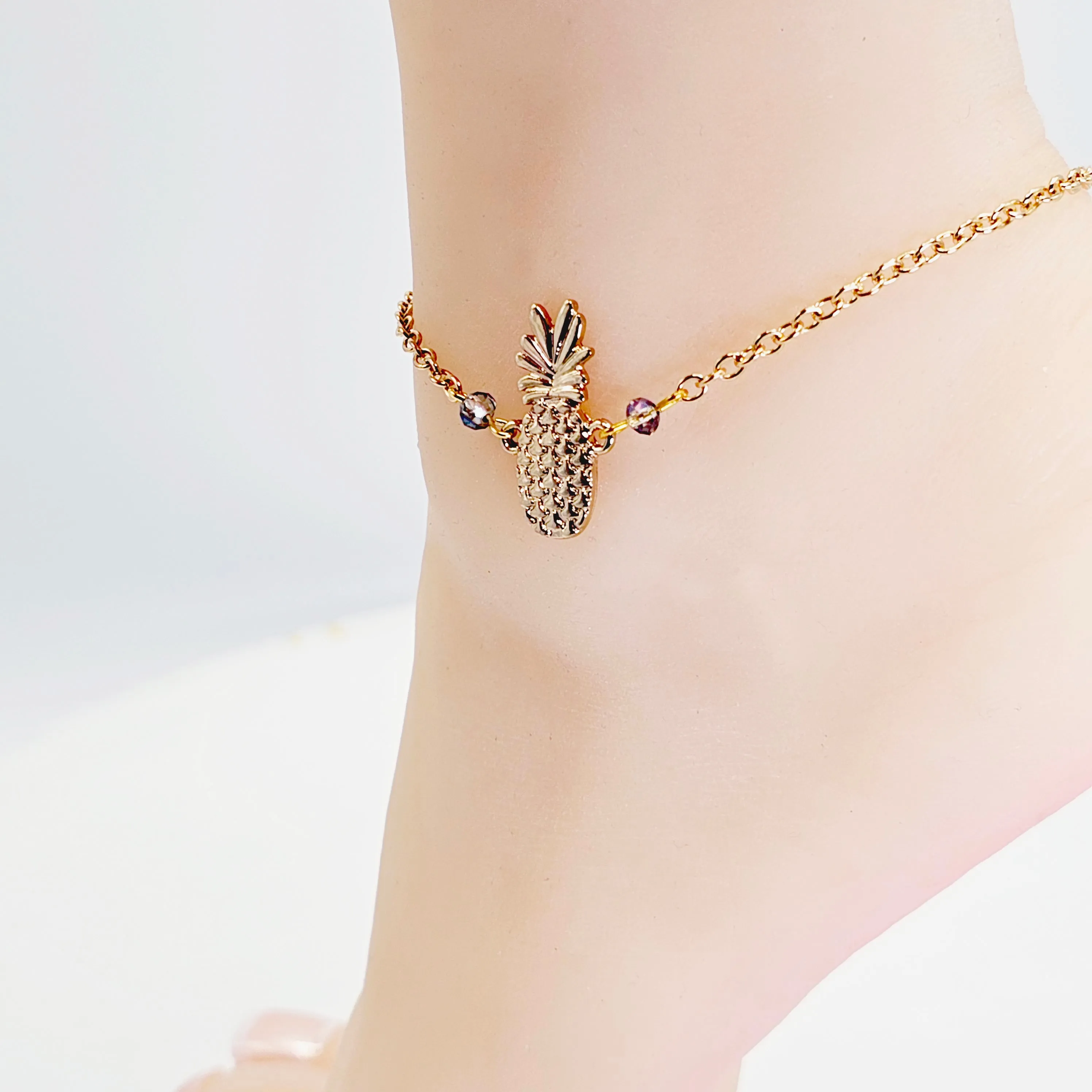 Gold Pineapple Anklet With Glass Bead Accents. Ankle Bracelet. Alternative Lifestyle Jewelry