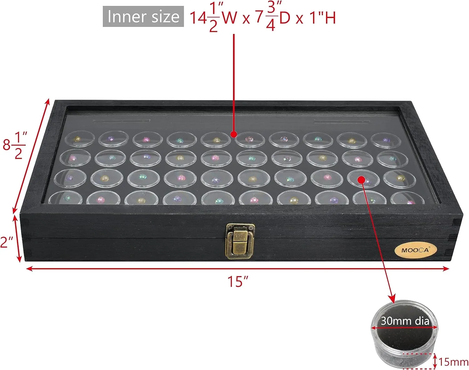 MOOCA Glass Top Black Jewelry Display Case Box 50 Gem Jars, Ring Box, Jewelry Organizer, Jewelry storage Black Tray with Gem Jar, 15" W x 8.5" D x 2" H