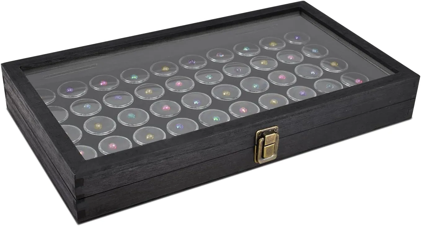 MOOCA Glass Top Black Jewelry Display Case Box 50 Gem Jars, Ring Box, Jewelry Organizer, Jewelry storage Black Tray with Gem Jar, 15" W x 8.5" D x 2" H