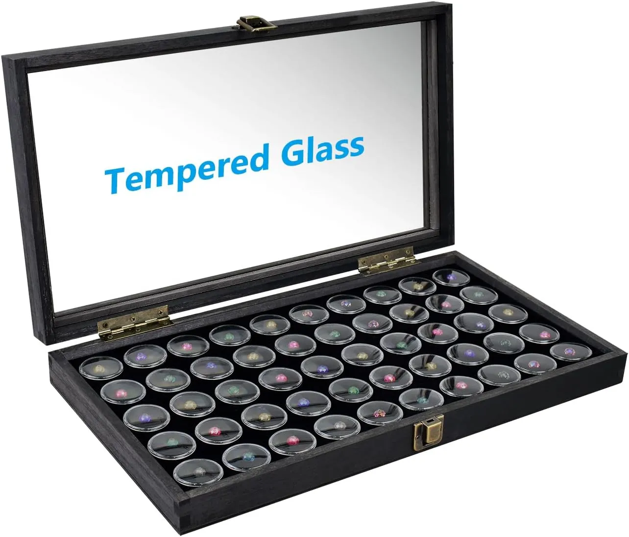 MOOCA Glass Top Black Jewelry Display Case Box 50 Gem Jars, Ring Box, Jewelry Organizer, Jewelry storage Black Tray with Gem Jar, 15" W x 8.5" D x 2" H