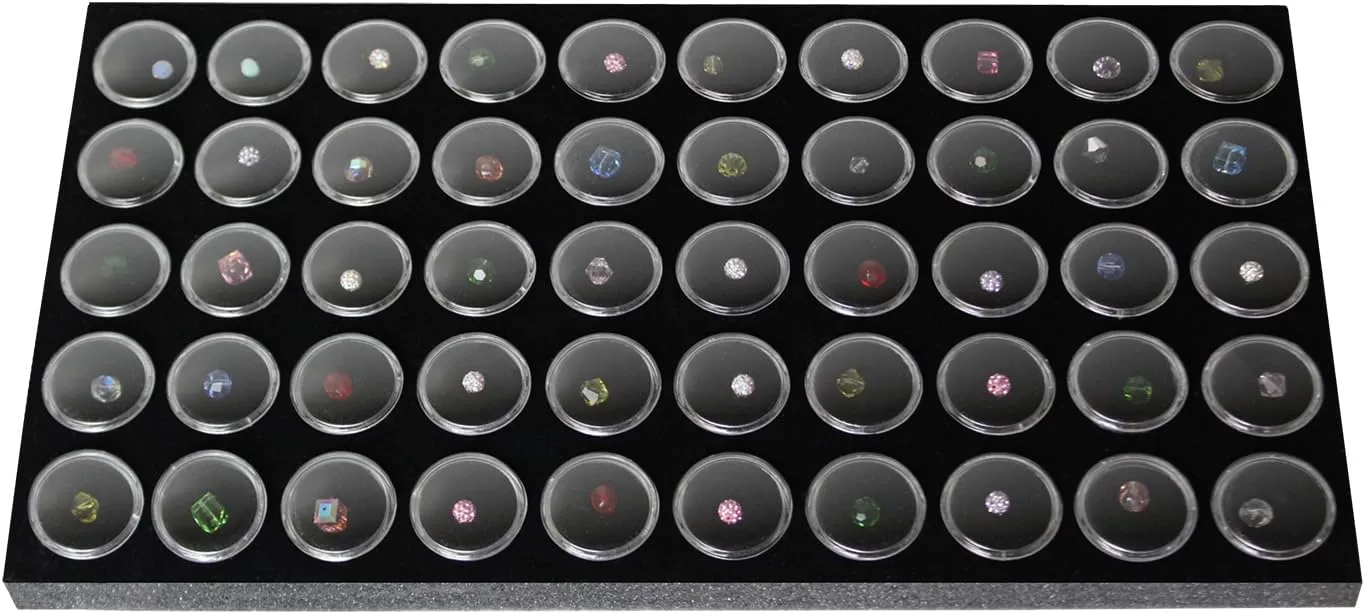 MOOCA Glass Top Black Jewelry Display Case Box 50 Gem Jars, Ring Box, Jewelry Organizer, Jewelry storage Black Tray with Gem Jar, 15" W x 8.5" D x 2" H