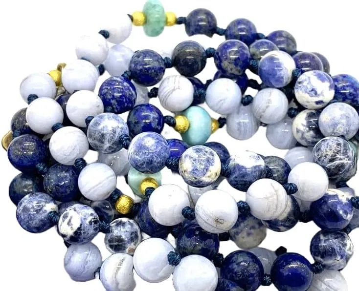 Natural Lapis Lazuli,Larimar,Blue Lace Agate, Sodalite 8mm 108 Mala Beads, Spiritual, Meditation Beads, Reiki, Japa Mala, Buddhist Prayer Beads, Yoga Bracelet, healing beads LKMALA-RRGU-1895
