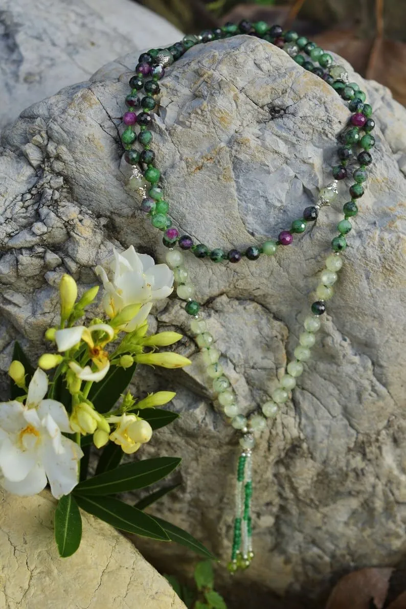 Natural Ruby Joshiite and Prehnite 6mm 108 Mala Beads, Spiritual, Meditation Beads, Reiki, Japa Mala, Buddhist Prayer Beads, Yoga Bracelet, healing beads LKMALA-RRGU-2892