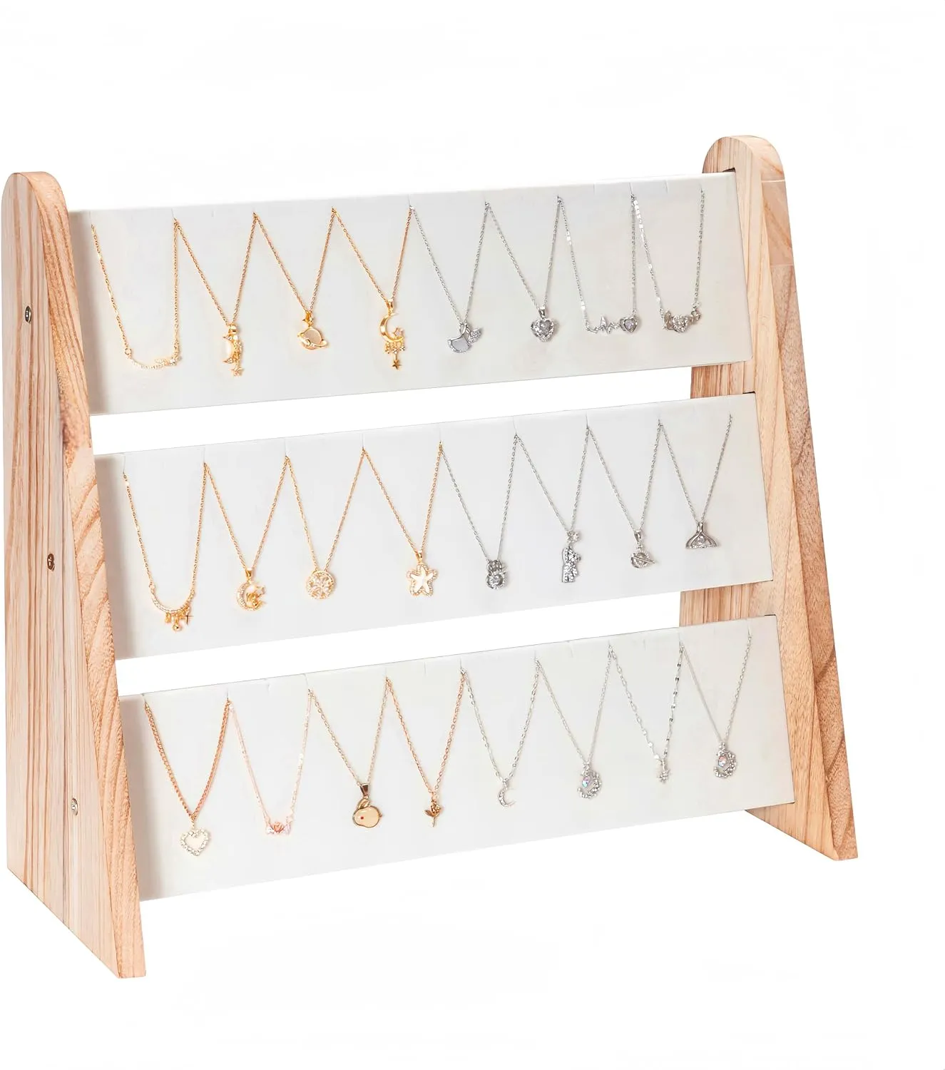 Necklace Holder 3 Tier Wood Necklace Organizer Stand with White Velvet, Necklace Display Stand for Selling, Chain Necklace Holder Rack for Show, 72 Necklaces Bracelets