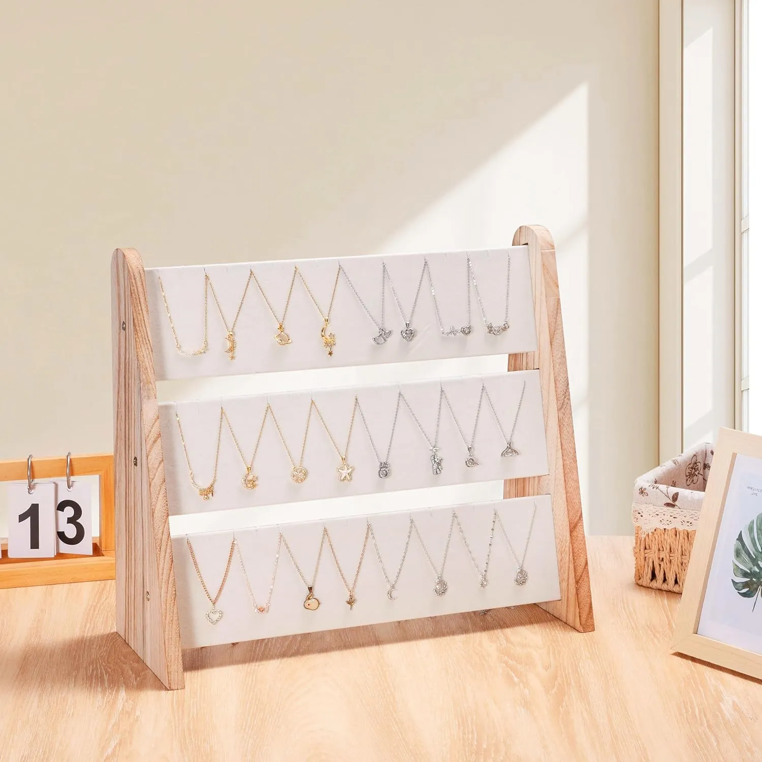 Necklace Holder 3 Tier Wood Necklace Organizer Stand with White Velvet, Necklace Display Stand for Selling, Chain Necklace Holder Rack for Show, 72 Necklaces Bracelets