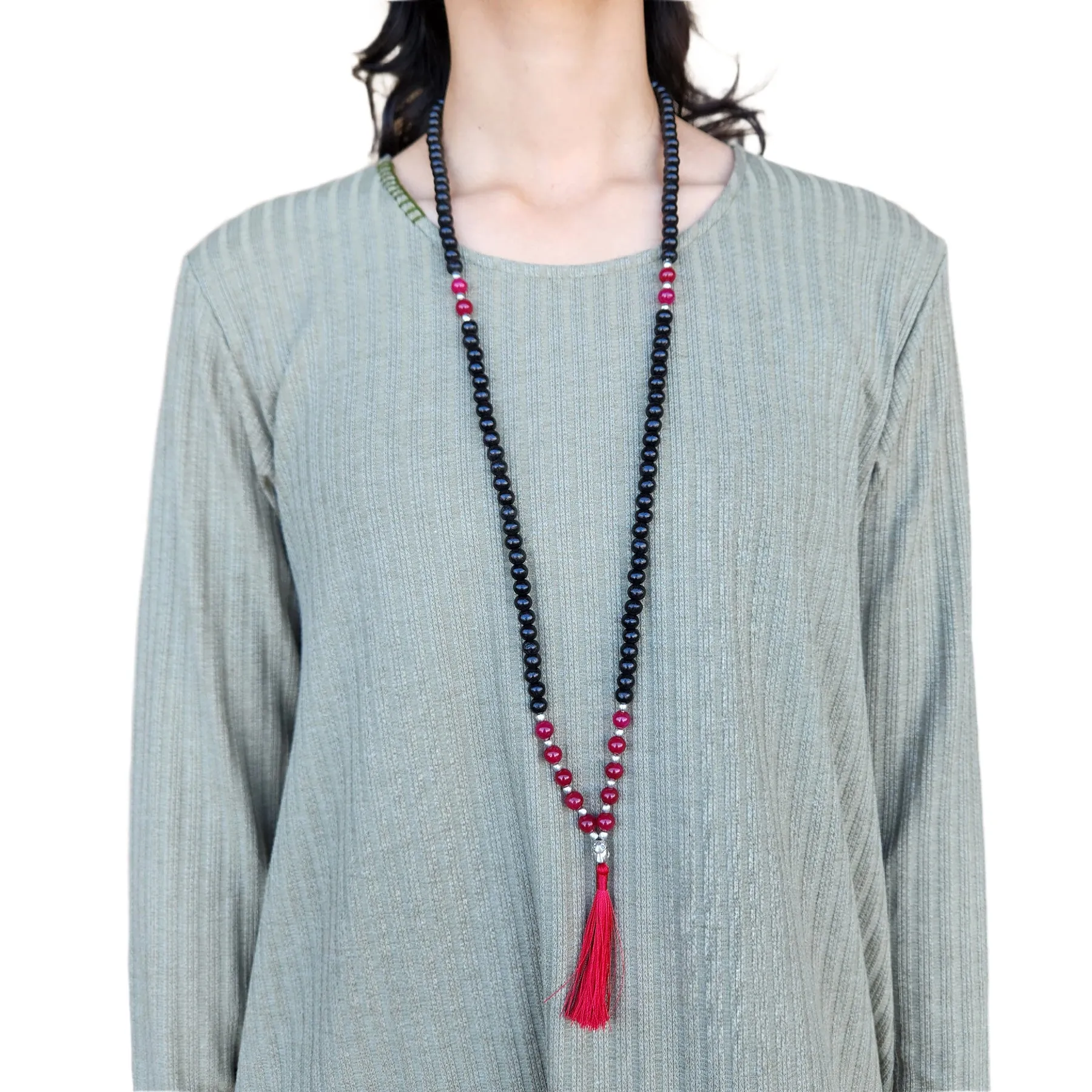 Necklace Wooden Beaded Tassel Mala Onyx