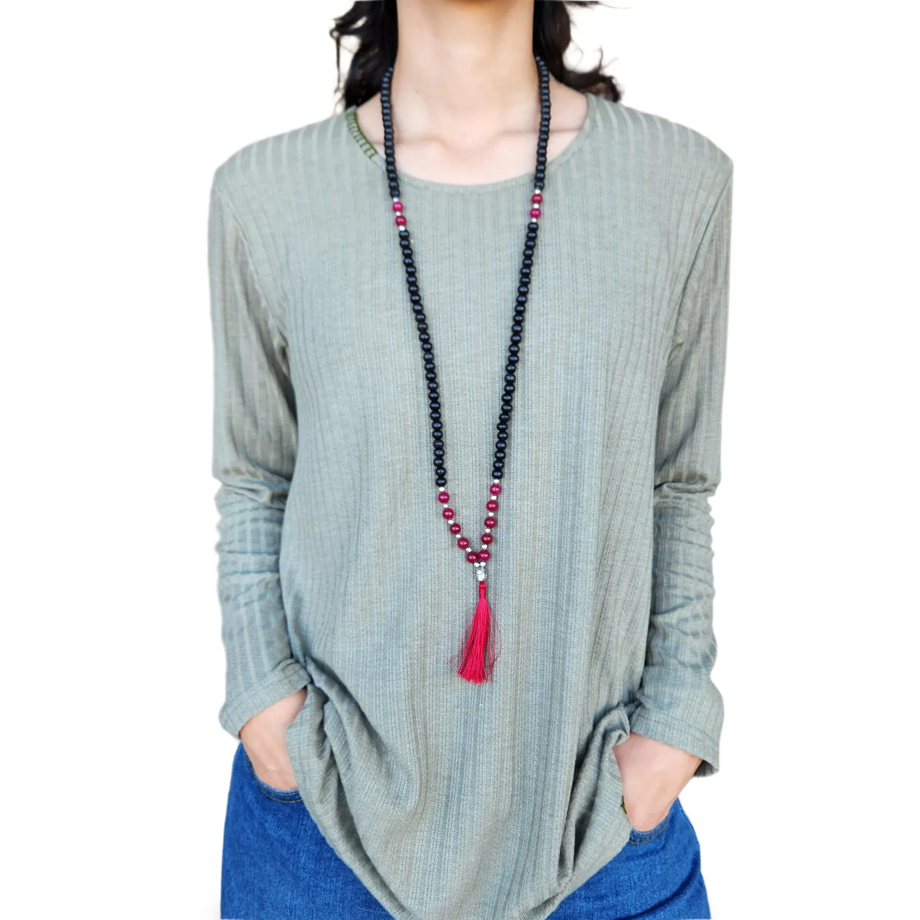 Necklace Wooden Beaded Tassel Mala Onyx