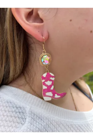 Pink And White Cowboy Boot Drop Earrings With AB Crystal Connector