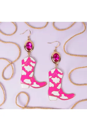 Pink And White Cowboy Boot Drop Earrings With Hot Pink Crystal Connector