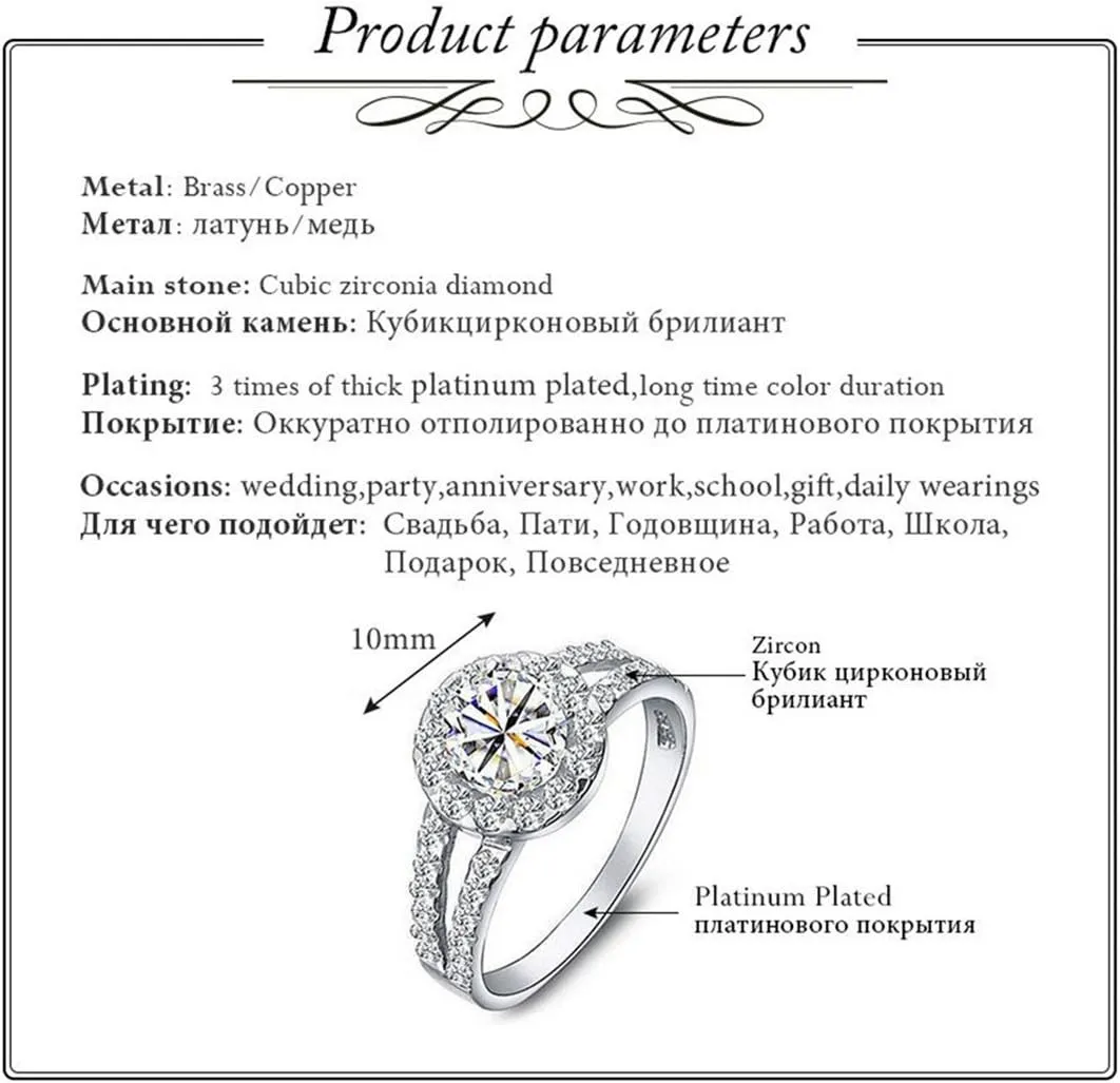 Uloveido Women's 925 Sterling Silver Cubic Zirconia 2 Row Split Shank Ring Wedding Promise Jewelry SJ510