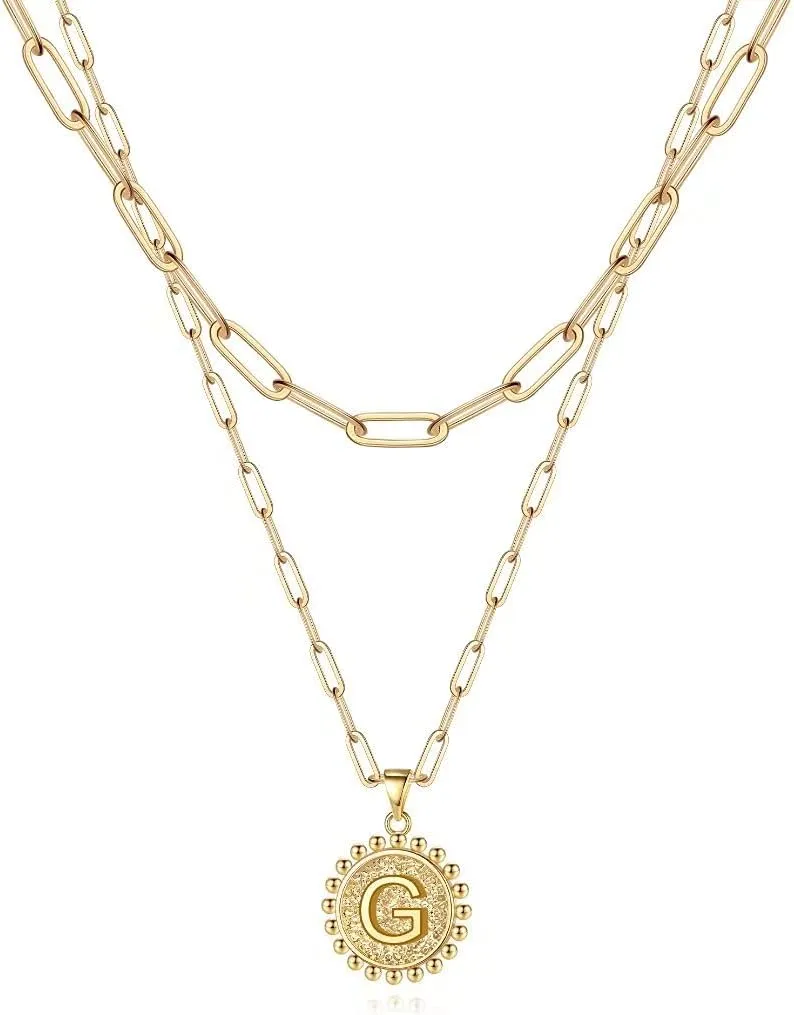 Ursteel Layered Initial Necklaces for Women - 14K Gold Plated Dainty Layering Paperclip Chain Necklaces for Women Jewelry