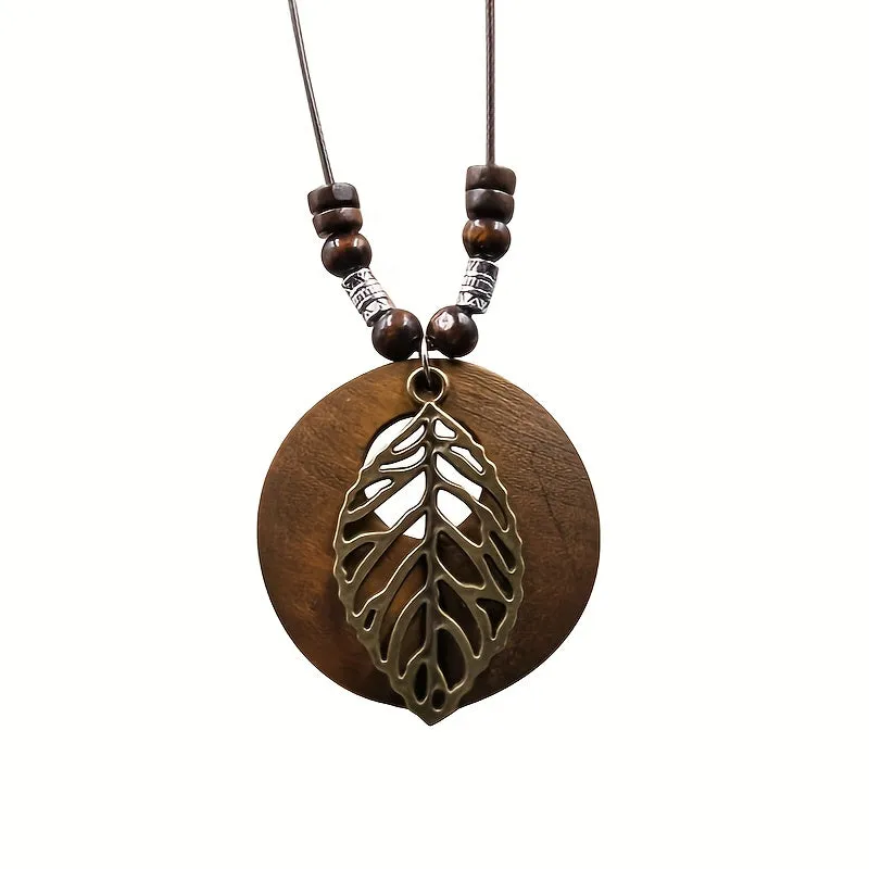 Vintage Wooden Leaf Long Necklace for Men and Women
